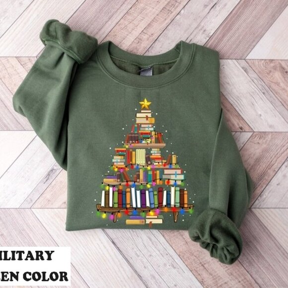 Julia A Tops - Christmas Book Tree Readers Gift Sweatshirt Bookworm Teacher Holiday Pullover 05